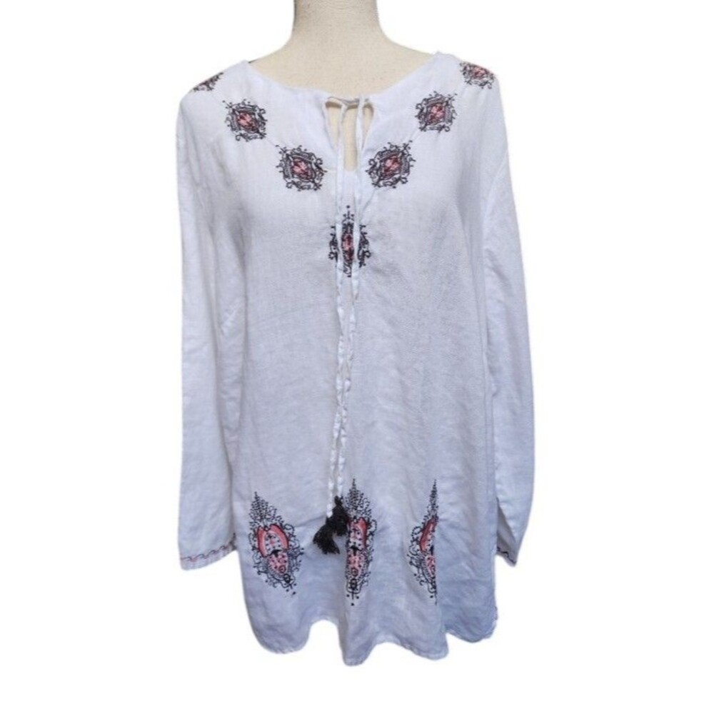 Marisa Christina Linen Embroidered Peasant Top Size 1X White